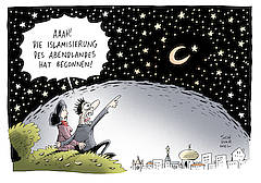 Karikatur - Als der Abend einbricht, erscheint der Halbmond im Himmel. Panische Angst: "Aaah! Die Islamisierung des Abendlandes hat begonnen!"
