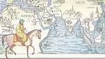 Der Entdecker Ibn Battuta auf einem Pferd und hinter ihm eine Karte über seine hinterlegten Reisen.