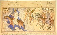 Mohammed führt seine Truppe mit Flagge und Schrift an.